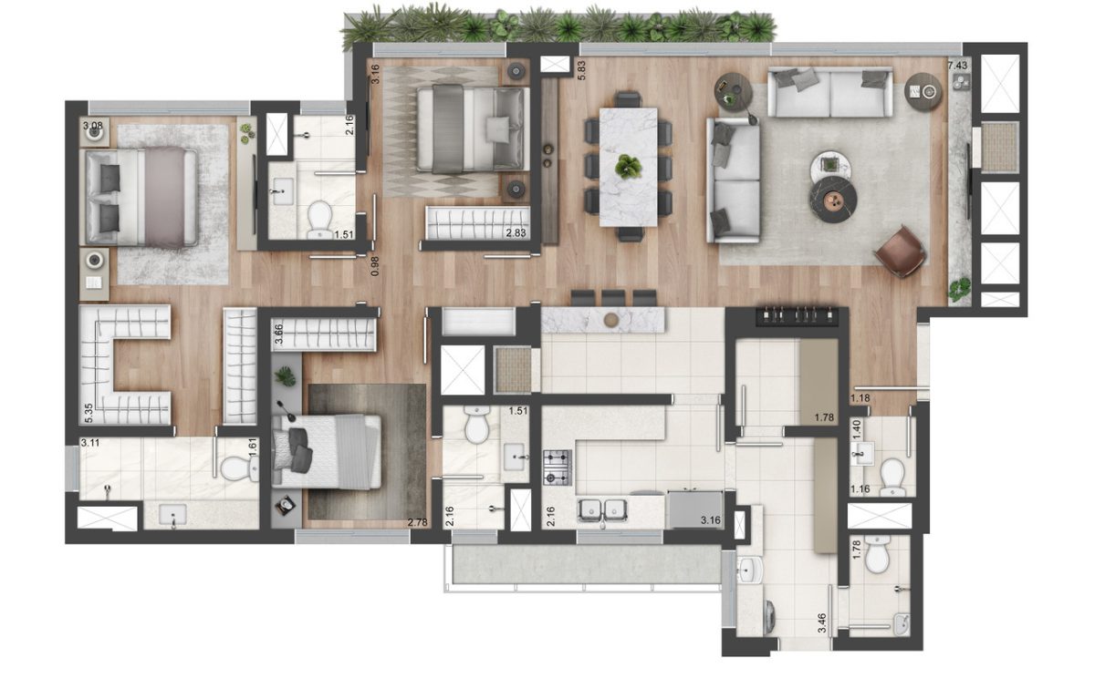 Planta 01 - 3 dorm 141m²