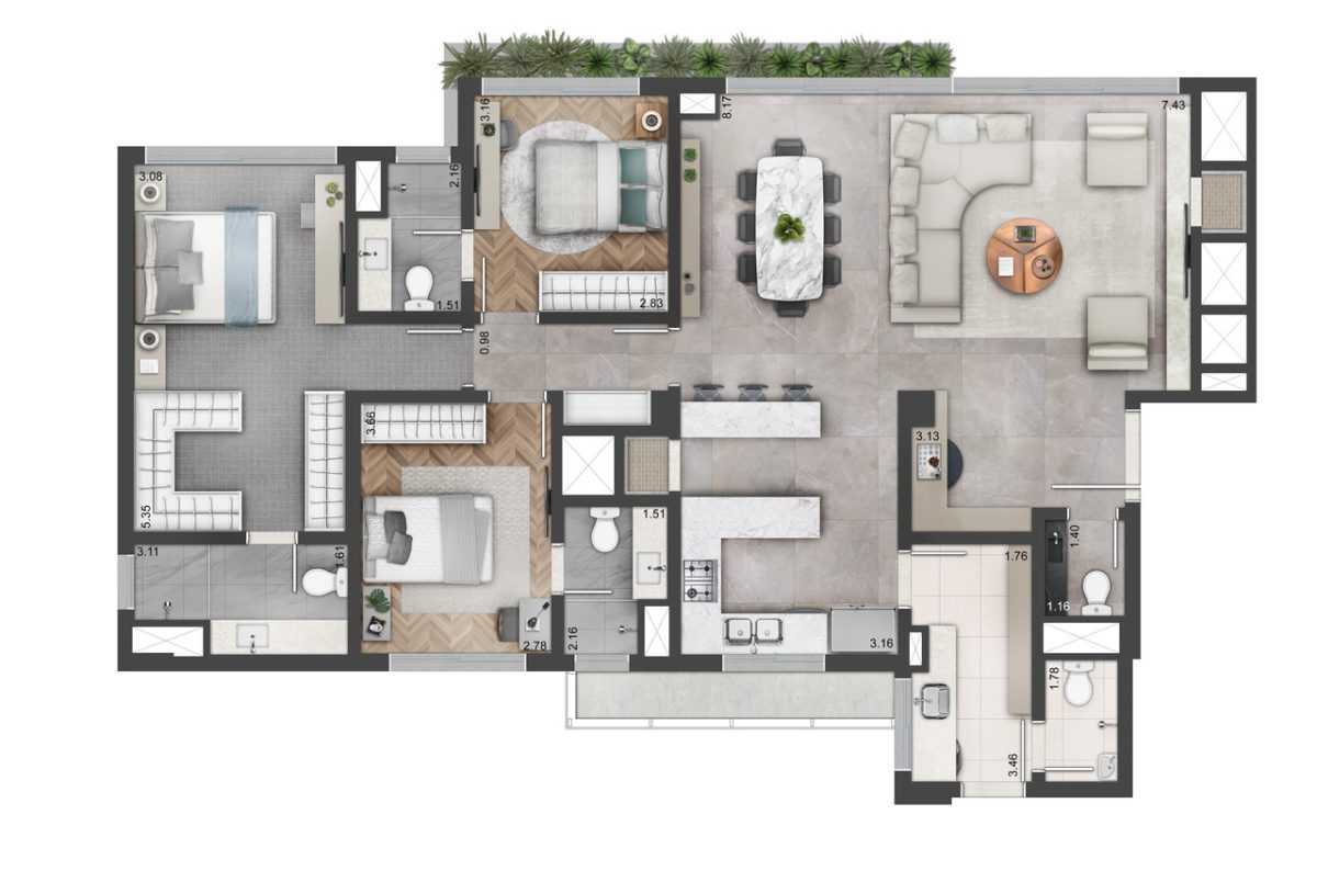 Planta 02 - 3 dorm 141m² - opção