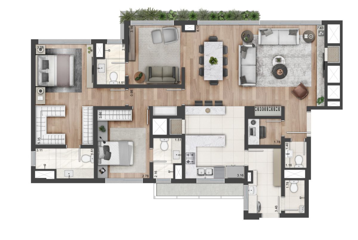 Planta 03 - 3 dorm 141m² - opção