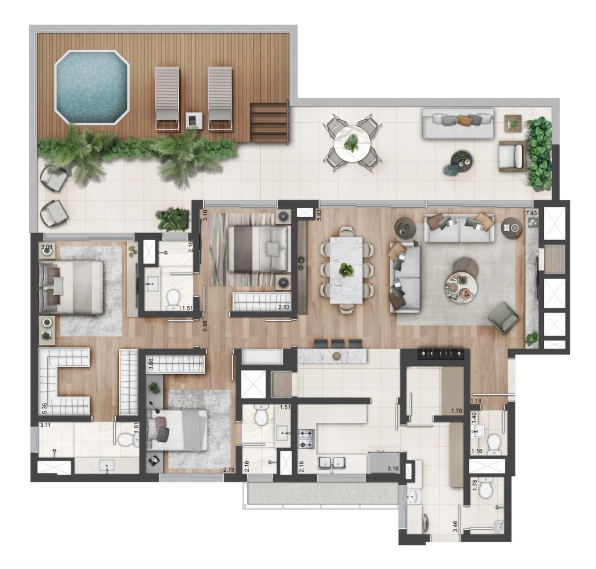 Planta 04 - 3 dorm 143m² - opção garden