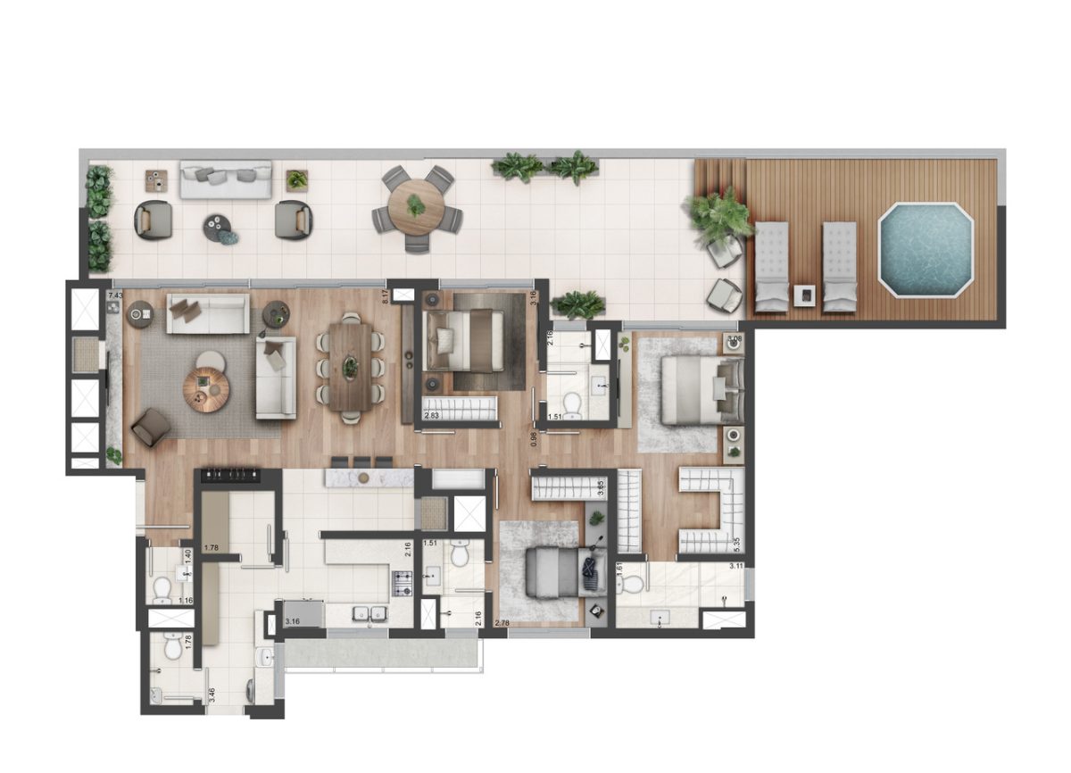 Planta 05 - 3 dorm 143m² - opção garden