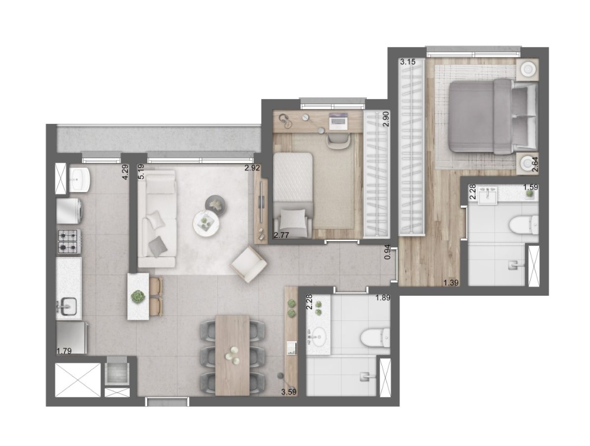 Planta 01 - 2 dorm 68m²
