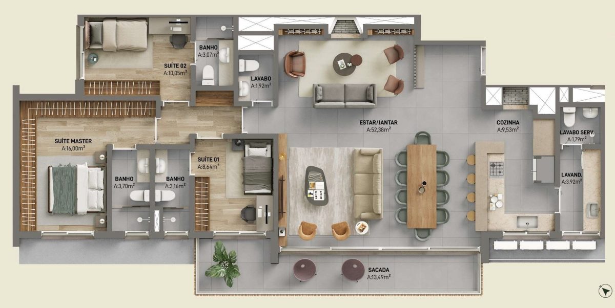 Planta 01 - 3 dorm 155m²