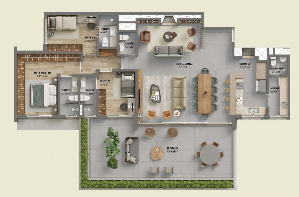 Planta 02 - 3 dorm 174m² - garden