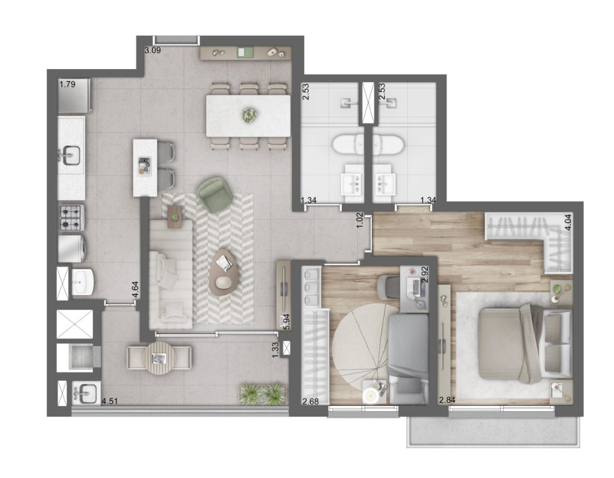Planta 03 - 2 dorm 75m²