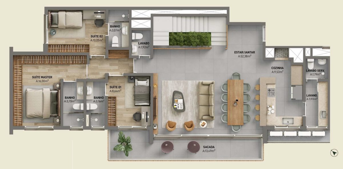 Planta 03 - 3 dorm 310m² - cobertura duplex - inferior