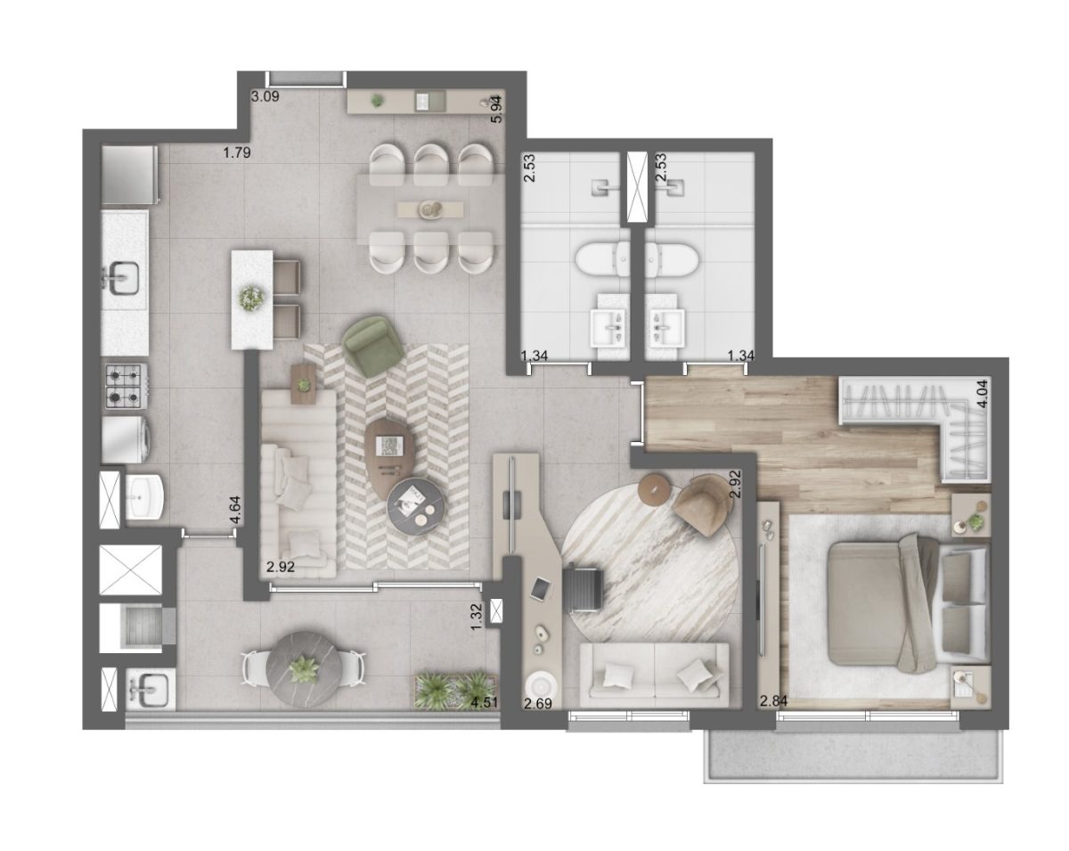 Planta 04 - 1 dorm 75m² - opção