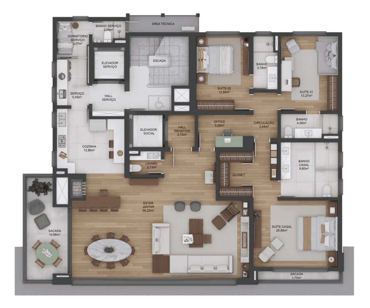 Planta 01 - 3 dorm 214,81m²