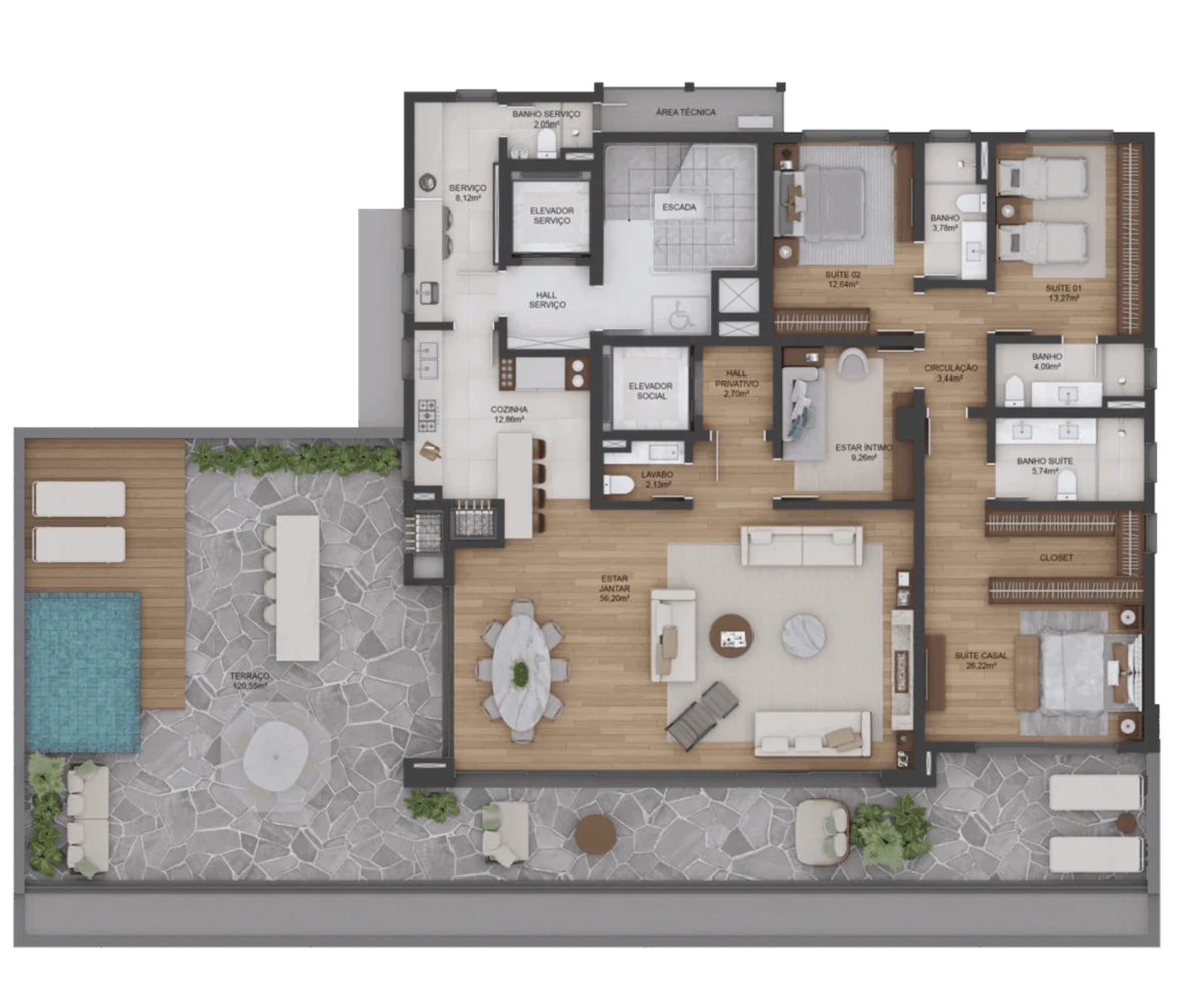 Planta 02 - 3 dorm 329,24m² - garden